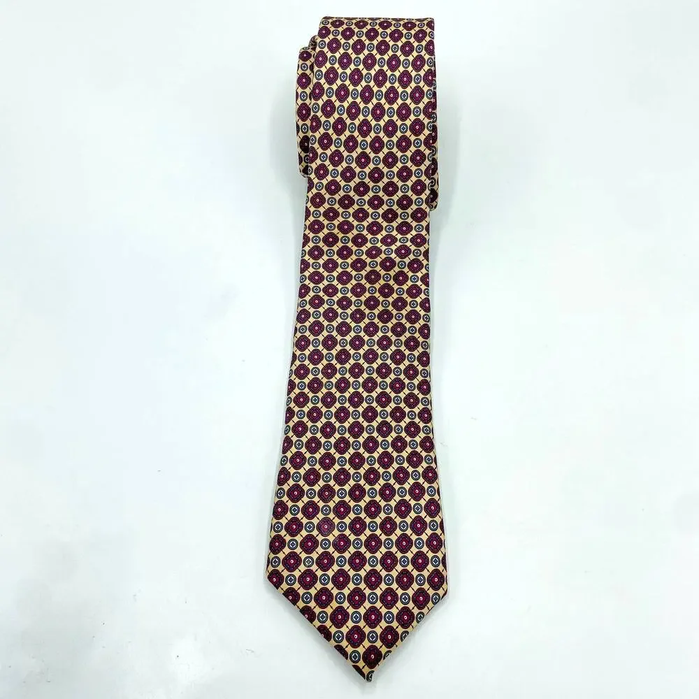 Oscar De La Renta Silk‎ Necktie Geometric Foulard Burgundy Beige